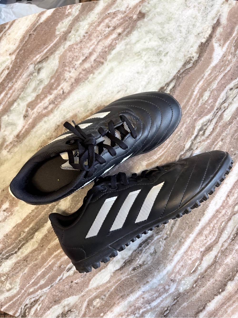 adidas Kid’s Black Athletic Turf Shoes with White Stripes - indoor soccer!